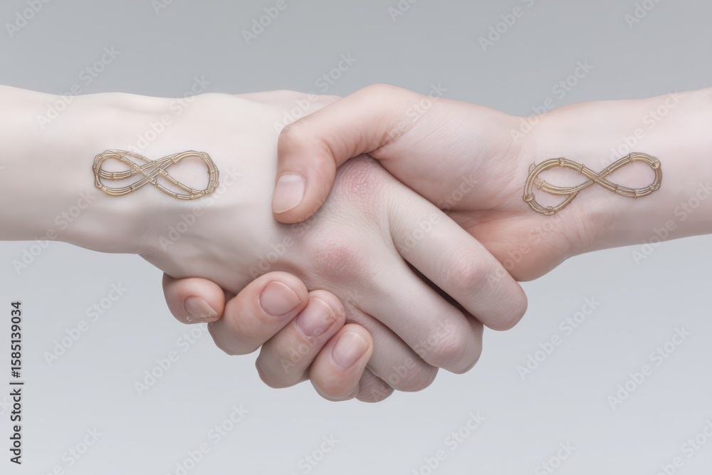 Poster two hands clasping in unity with golden infinity symbols on wrists capturing the essence of eternal 