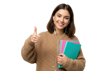 A young woman student with earphones gives a thumbs up while holding books, smiling happily, isolated on a transparent background