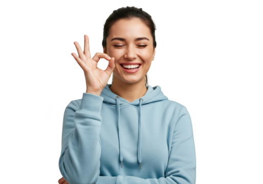A happy woman gives an okay sign with her fingers, smiling with eyes closed, isolated on transparent background
