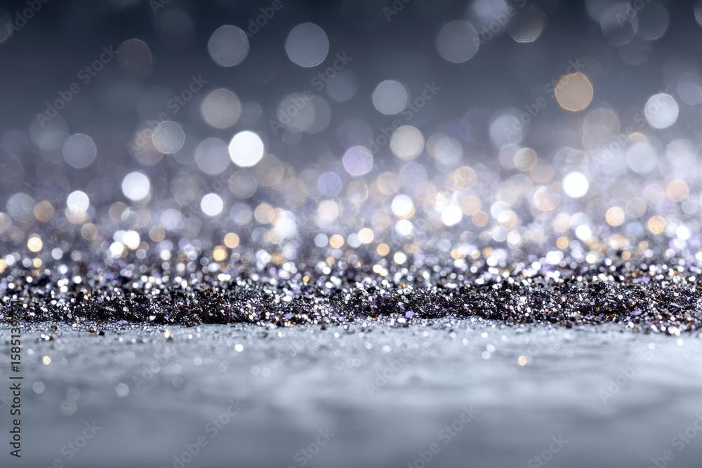 Poster glittering silver sparkles against a blurred bokeh background create an ethereal festive atmosphere 