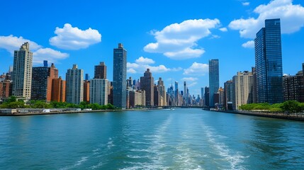 Fototapeta premium City skyline reflected in a waterway on a sunny day