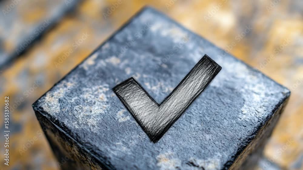 Poster a close-up shot of a metal object featuring a checkmark symbol, suitable for use in various contexts