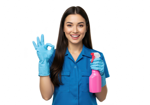 A smiling woman in blue shirt and gloves holds a pink spray bottle, giving an ok sign isolated on transparent background - Powered by Adobe