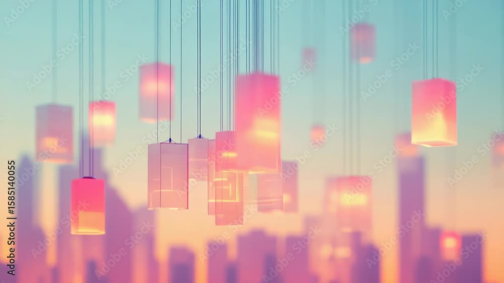 Poster a colorful array of paper lanterns hangs from the ceiling, creating a festive atmosphere