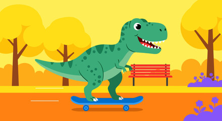 Obraz premium Cartoon Tyrannosaurus Rex balancing on a blue skateboard in a park