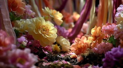 Light infused abstract garden filled with draped ribbons and warm blooming elements