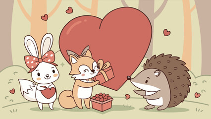 Obraz premium Cute valentine's day animals giving gifts illustration vector design for cards and invitations art 100