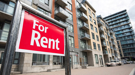 Obraz premium Red sign displaying 'For Rent' in front of modern apartment buildings with balconies, showcasing urban living and rental opportunities in a contemporary residential area
