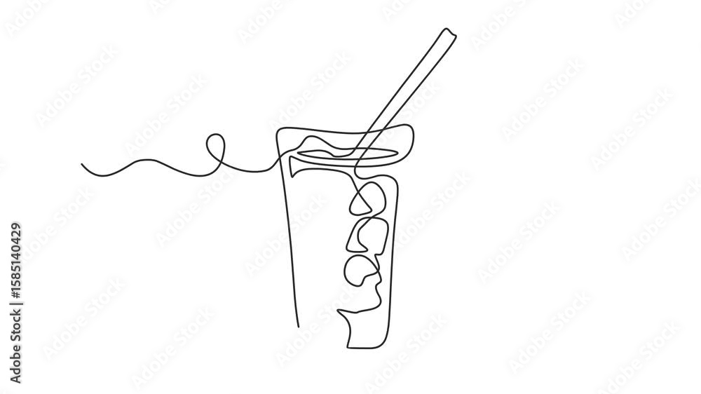 Poster animated self drawing of continuous line draw glass of cola. silhouette of cold sparkling sugar drin