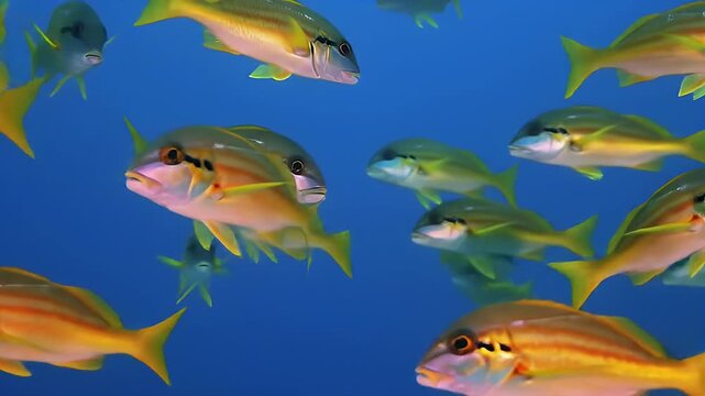 A captivating underwater scene showing a large school of vibrant yellowtail snapper fish swimming gracefully in the deep blue ocean water