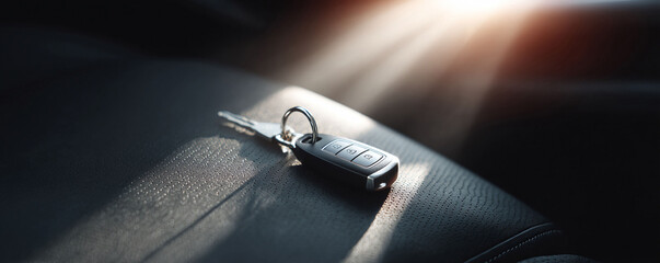 Dramatic, closeup shot of a car key fob on a dark leather car seat, bathed in sunlight. Symbolizes freedom, ownership, and travel. Ideal for automotive or lifestyle concepts.