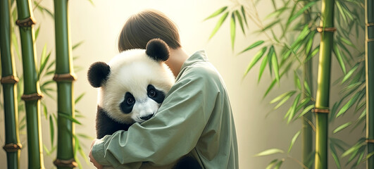 Child embracing a panda bear in a serene bamboo forest, showcasing a tender moment of connection between human and animal in a peaceful natural setting