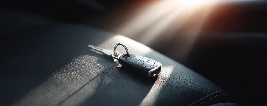 Dramatic, closeup shot of a car key fob on a dark leather car seat, bathed in sunlight. Symbolizes freedom, ownership, and travel. Ideal for automotive or lifestyle concepts.