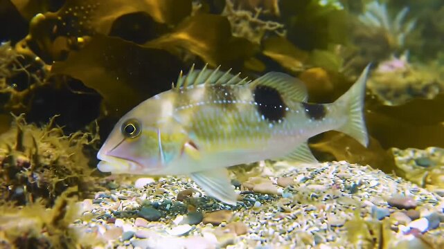 Closeup of a Painted Comber fish swimming slowly near the sandy bottom of the ocean surrounded by kelp and seaweed