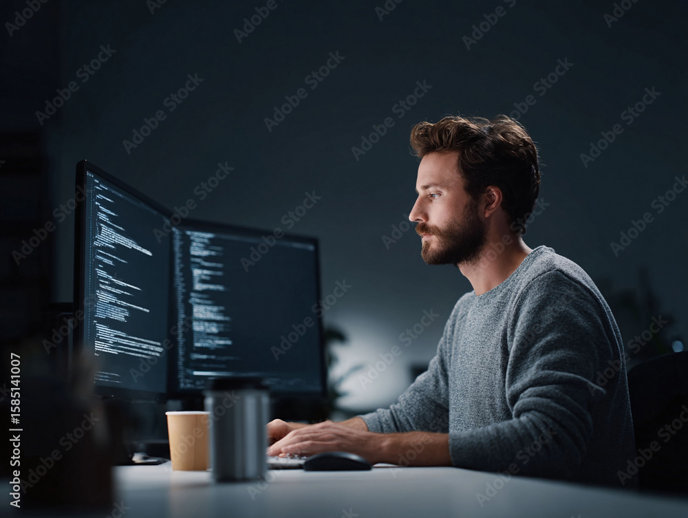 Poster focused developer working late. man codes with dual monitors. illustrates dedication, tech, software