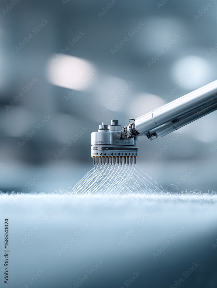 Poster precision engineered device creating fine threads. evokes themes of technology, manufacturing, and i