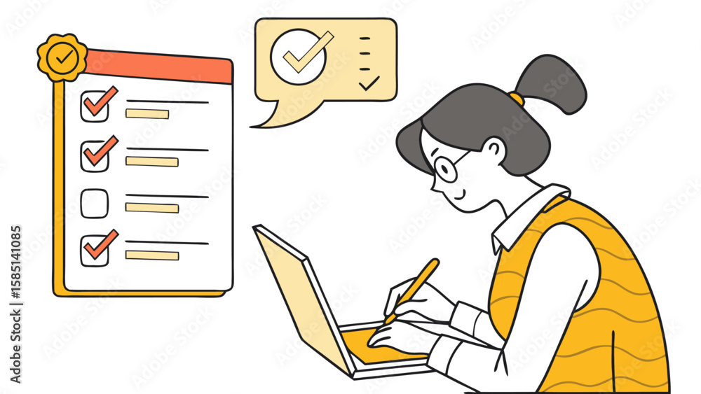 Aufkleber woman with glasses using laptop next to a checklist with checkmarks and a speech bubble with checkma