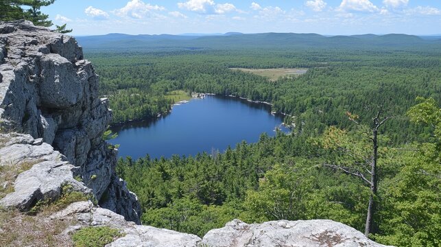 High vantage point overlooking a tranquil lake nestled amidst lush forest and rocky outcrop - Powered by Adobe