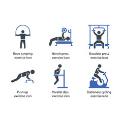 jumping exercise, Bench press, Shoulder press, Push up, Parallel dips, Stationary cycling, icon