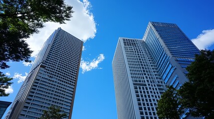 Obraz premium Low-angle view of modern skyscrapers against a vibrant blue sky, with lush greenery and clouds