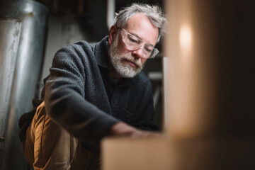 Craftsman at work a mature man with safety glasses focused on woodworking. Symbolizes dedication, skill, and home improvement. Ideal for DIY, craftsmanship,  renovation themes.