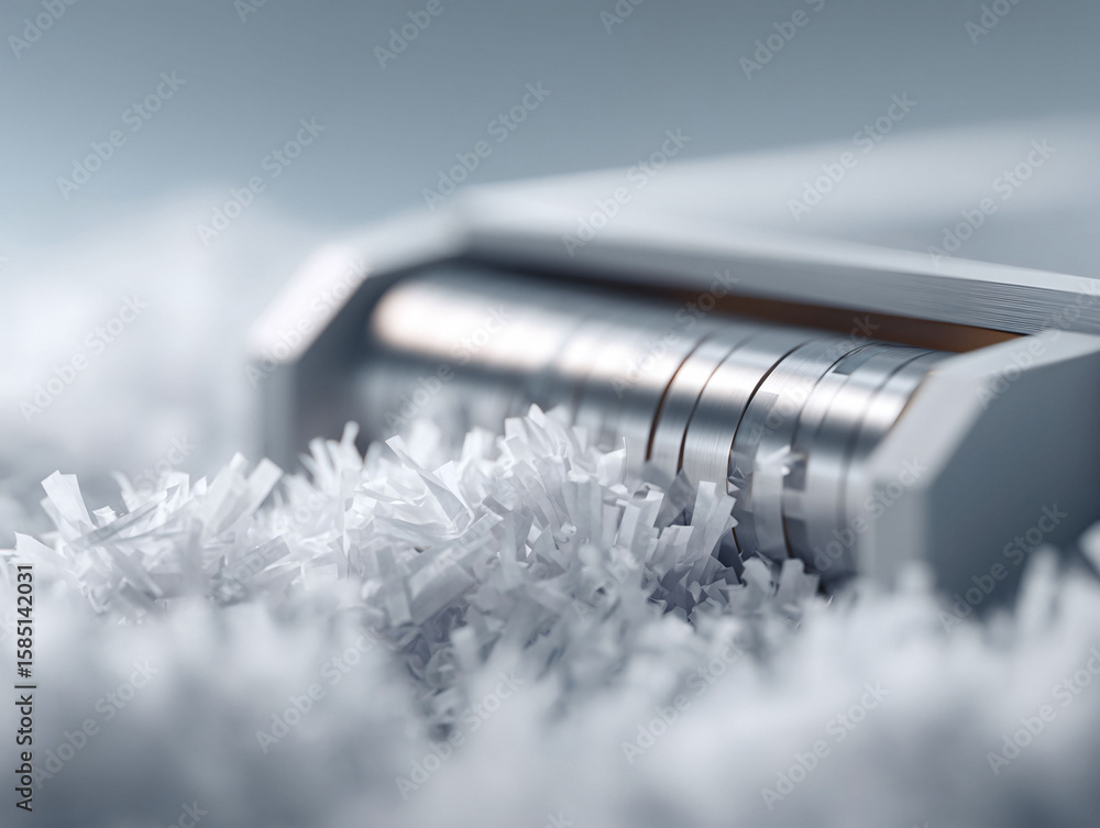 Aufkleber closeup on a paper shredder, with shredded paper creating a textured field. concept for data securit