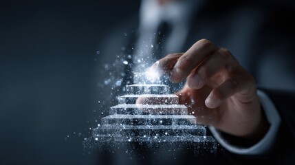 Business professional building steps of innovation to success on hologram