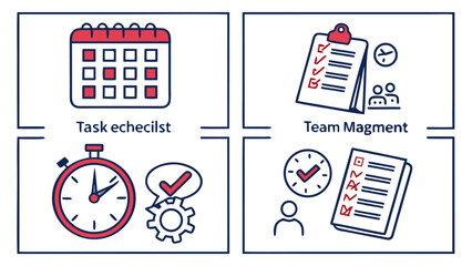 Illustration showing calendar, checklist, stopwatch, gear, clock, and team management icons in a square format