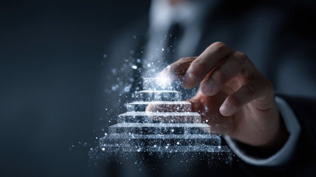 Business professional building steps of innovation to success on hologram