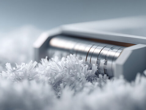 Closeup on a paper shredder, with shredded paper creating a textured field. Concept for data security, destruction, or information management. Clean, minimalist style. - Powered by Adobe