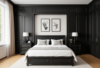 Elegant bedroom interior features a black paneled wall, cozy bed, and stylish decor.