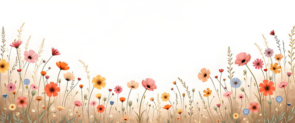 Delicate watercolor illustration featuring a variety of flowers such as poppies and wildflowers in soft pink, orange, red, and blue tones. The floral arrangement is side-framed along the bottom