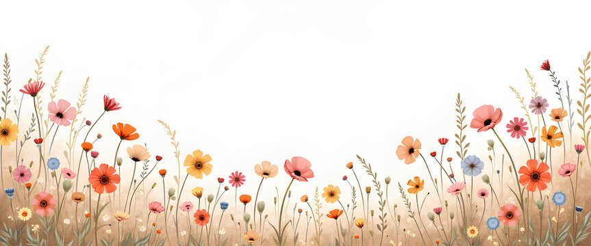 Delicate watercolor illustration featuring a variety of flowers such as poppies and wildflowers in soft pink, orange, red, and blue tones. The floral arrangement is side-framed along the bottom