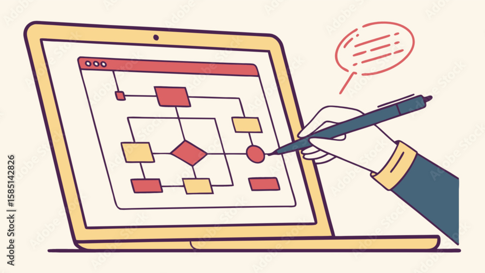 Poster creating flowchart diagram on laptop for business process mapping and workflow optimization strategy