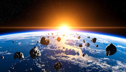 Earth and asteroids at sunrise