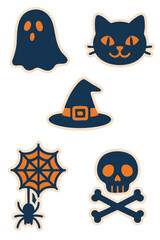 Spooky cartoon icons for Halloween with witch hat, ghost, spider web, and skull.
