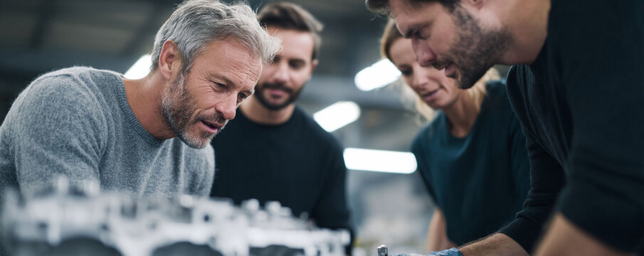 Teamwork in action. Engineers collaborating on a complex project, showcasing expertise, problemsolving, and innovation. Perfect for manufacturing, tech, or engineering content. - Powered by Adobe