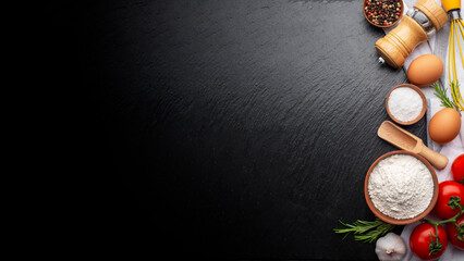 Cooking background of greenes spices and flour on slate board with copy-space
