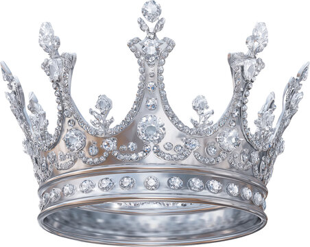 Elegant diamond encrusted silver crown with intricate details isolated on transparent background