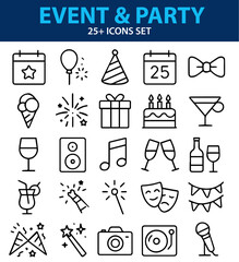 Events and Party Line Icons, Balloons, Cake, Confetti, Music, Gift Box, Editable Formats: AI, EPS, PNG, JPG Ideal for Both UI and Print Media Use

