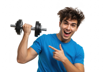 An excited young man holding a dumbbell and pointing, isolated on a transparent background