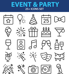 Events and Party Line Icons, Balloons, Cake, Confetti, Music, Gift Box, Editable Formats: AI, EPS, PNG, JPG Ideal for Both UI and Print Media Use
