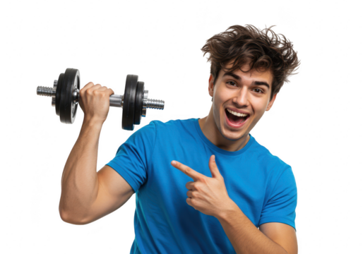 An excited young man holding a dumbbell and pointing, isolated on a transparent background