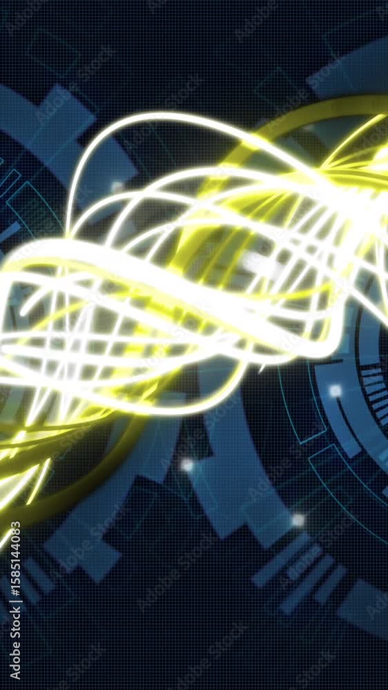 Poster animation of wavy lights and processing circles on black background