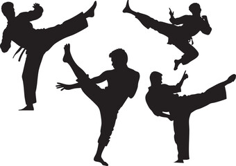 Silhouette set of martial arts masters performing karate and kung fu moves, ideal for sports, self-defense, and action-themed designs.