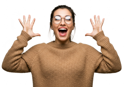 An excited woman with glasses and a sweater, with hands raised and mouth open, isolated on white isolated on transparent background