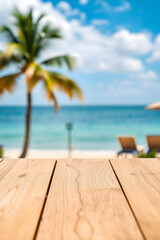 Fototapeta premium Wooden table overlooking tropical beach with palm tree and turquoise water