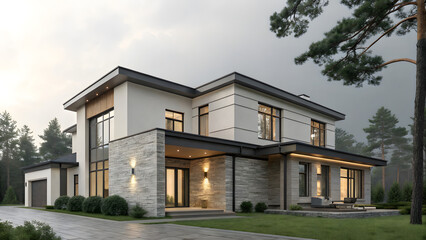 Contemporary house with stone facade and neutral siding