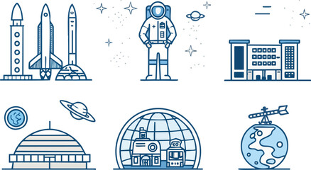 blue icon collection of rockets, UFOs, shuttles, and spaceships in flight, ideal for sci-fi, future tech, and interstellar travel designs.