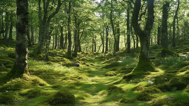 Sunlit mossy forest path